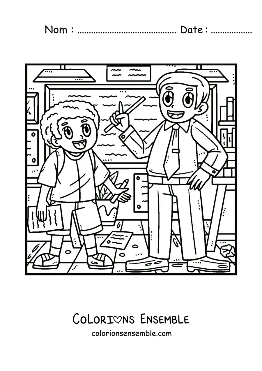 Dessin à colorier d’un petit garçon dans la salle de classe, avec son maître qui explique