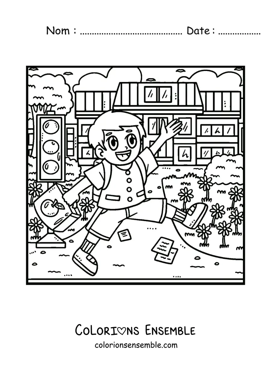 Dessin à colorier d’un petit garçon rigolo en uniforme qui va à l’école