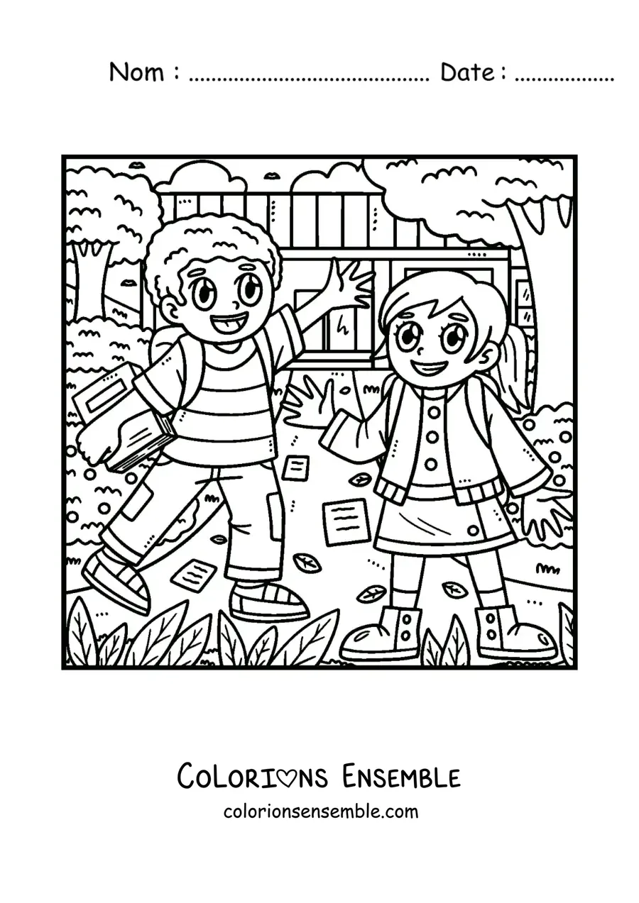 Dessin à colorier de deux enfants rigolos qui marchent vers l’école