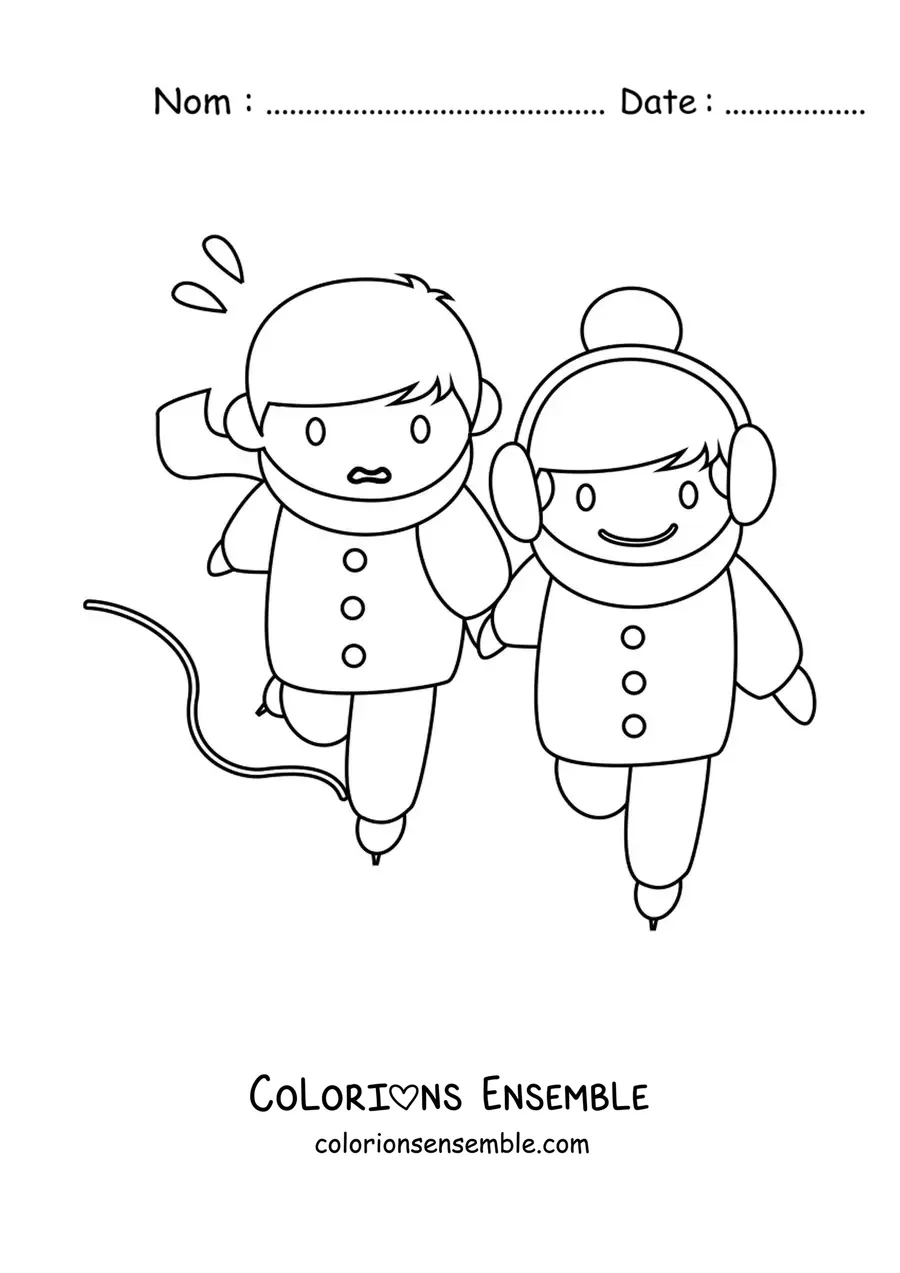 Image à colorier d'un garçon et d'une fille qui patinent sur la glace
