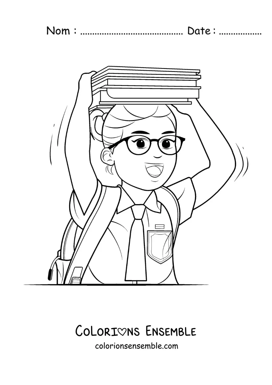 Dessin à colorier d’une petite fille en uniforme scolaire qui porte des livres