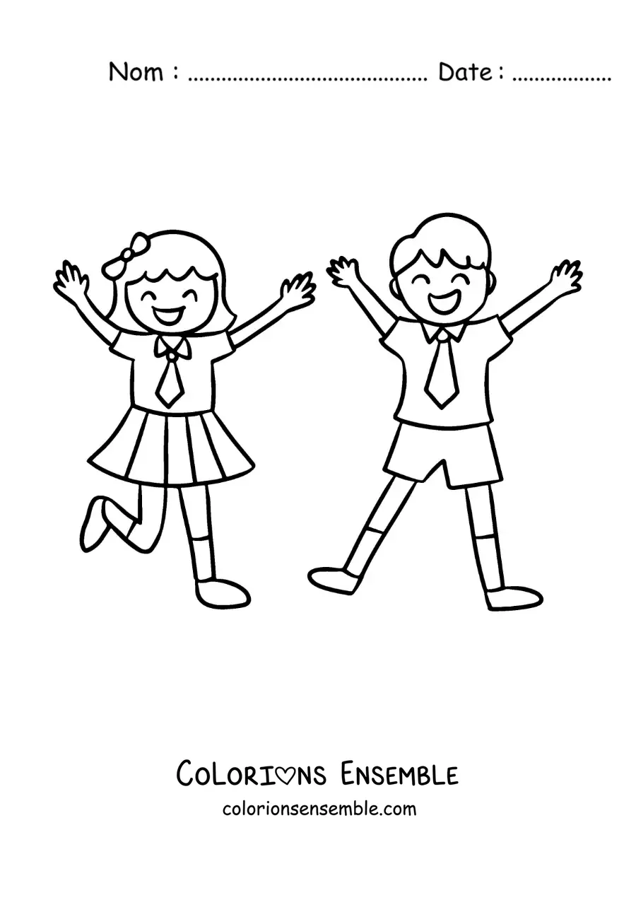 Dessin à colorier de deux enfants rigolos en uniforme scolaire