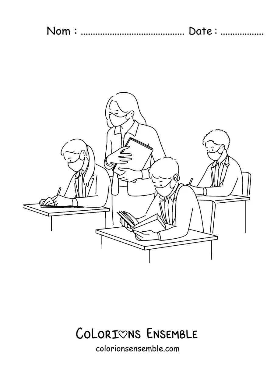 Dessin à colorier d’enfants avec des masques dans la salle de classe, avec la maîtresse