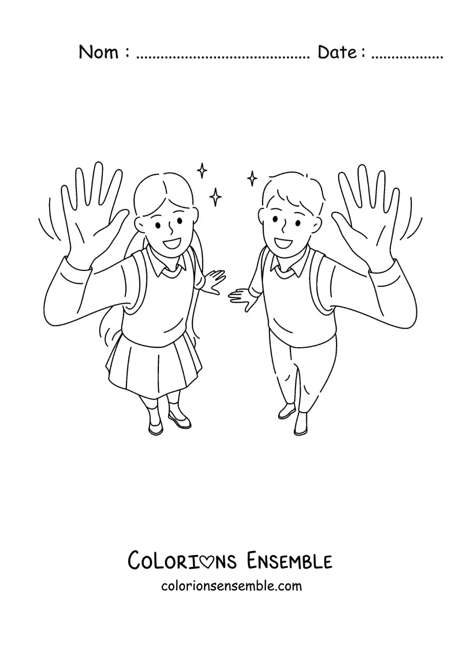 Dessin à colorier d’une fille et d’un garçon en uniforme qui saluent