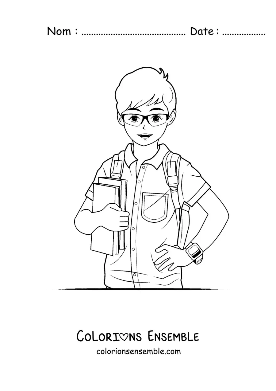 Dessin à colorier d’un petit garçon en uniforme avec des livres