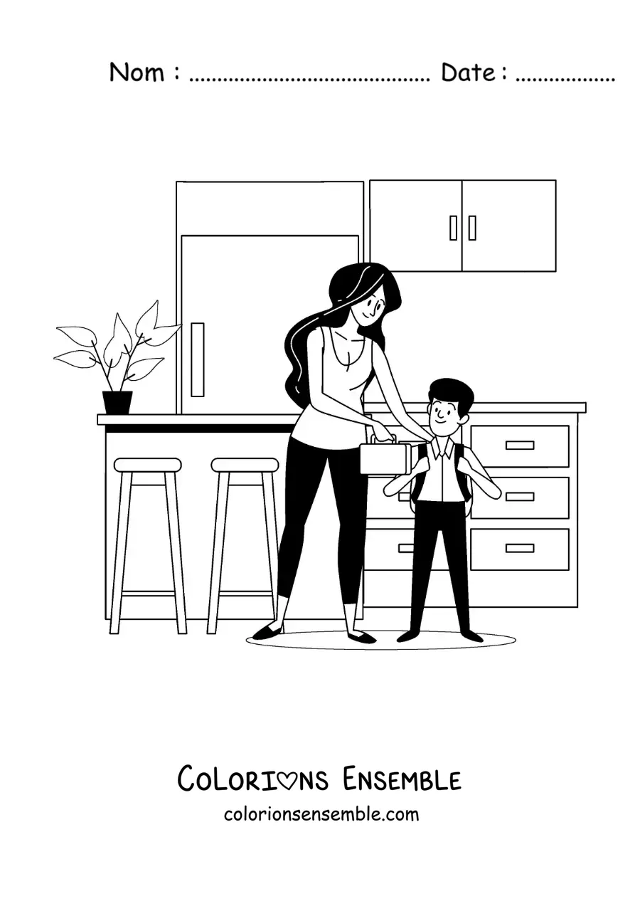 Dessin à colorier d’une maman qui donne une boîte à goûter avec le petit-déjeuner à son fils avant l’école
