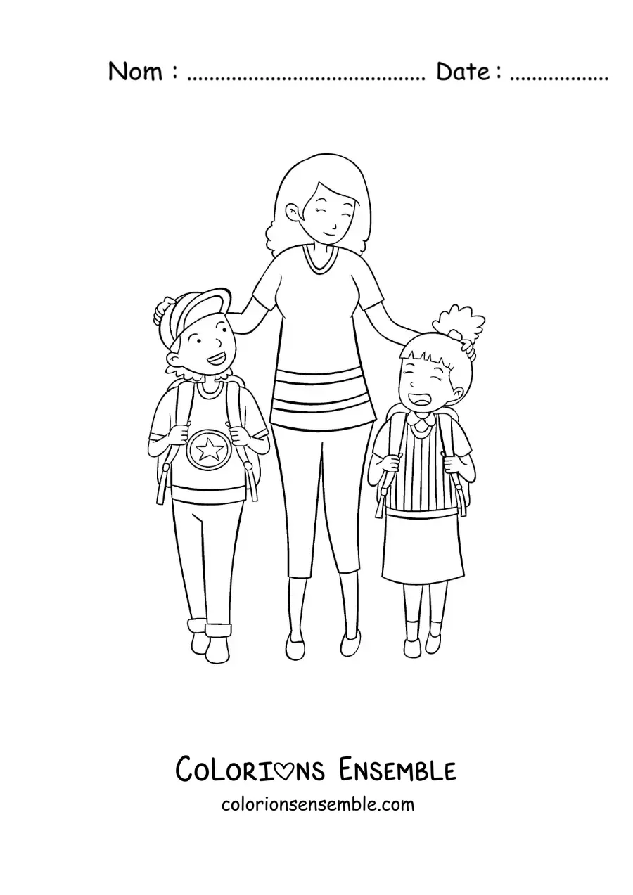 Dessin à colorier d’une maman qui marche avec sa fille et son fils vers l’école