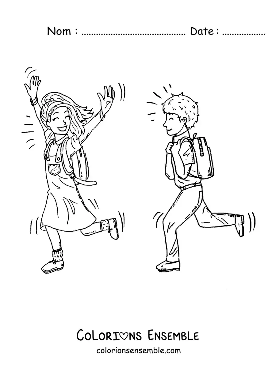Dessin à colorier de deux enfants qui courent vers l’école