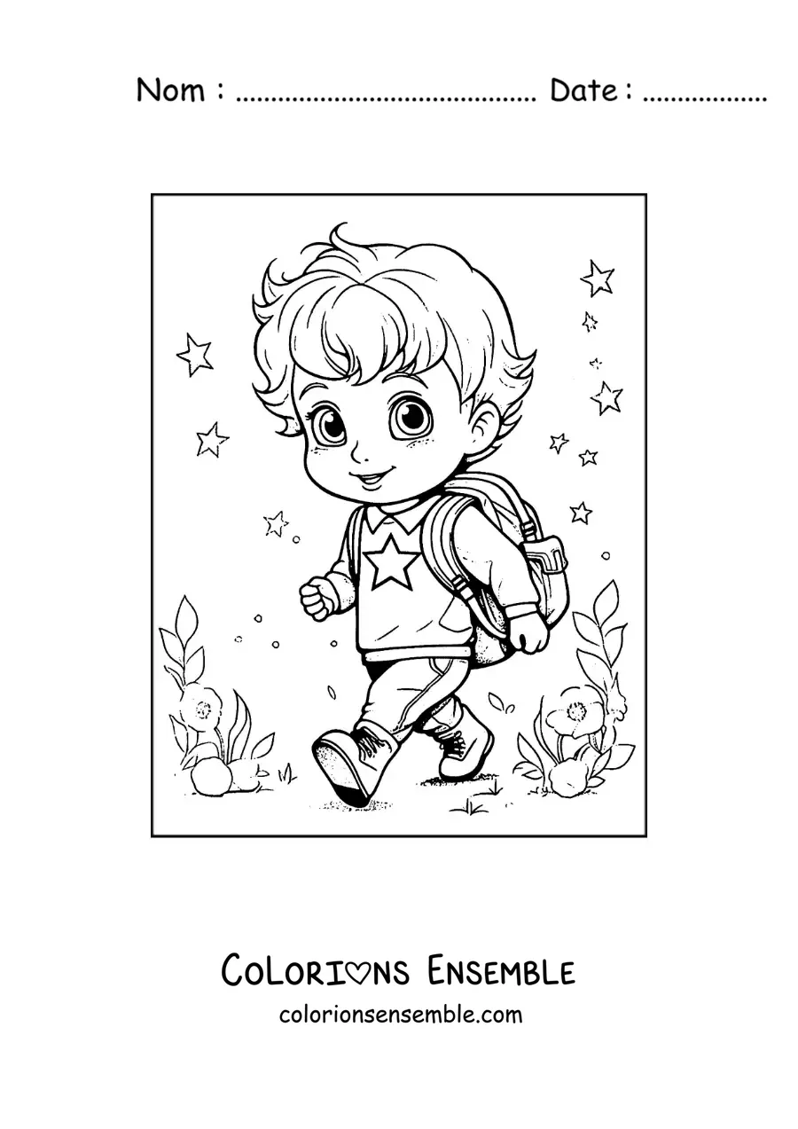 Dessin à colorier d’un petit garçon kawaii avec son sac à dos, prêt à aller à l’école