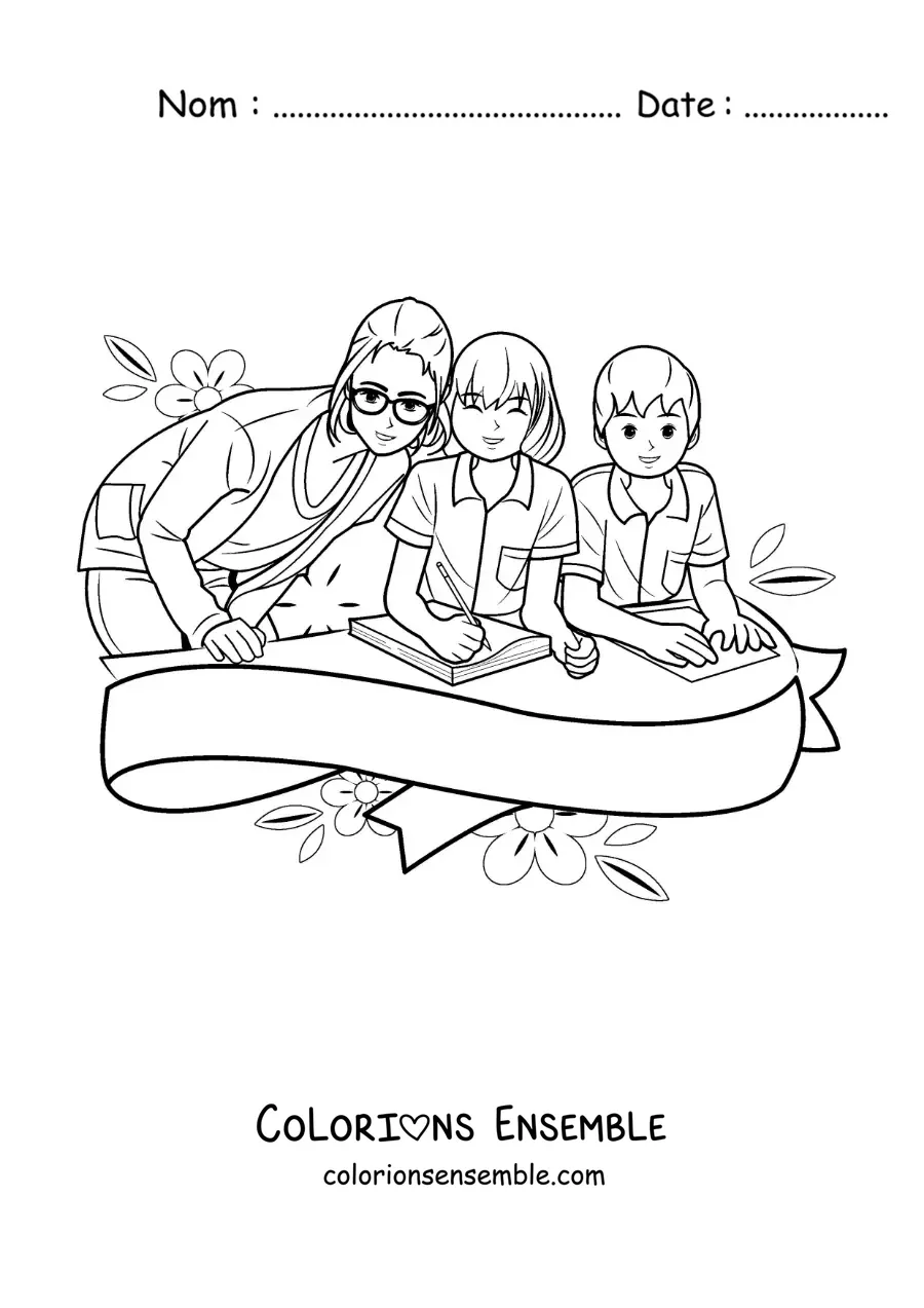 Dessin à colorier de deux enfants à l’école avec leur maîtresse