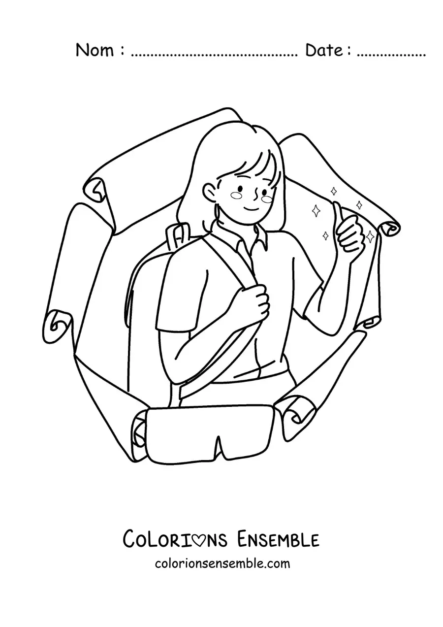 Dessin à colorier d’une petite fille en uniforme avec un sac à dos, prête pour la rentrée