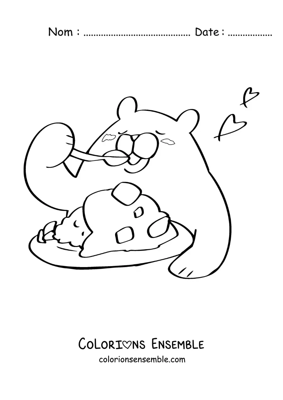 Dessin à colorier d’un ours rigolo qui mange dans une assiette