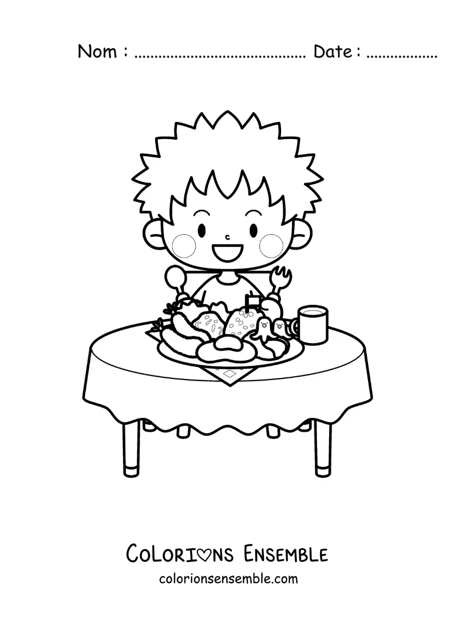 Dessin à colorier d’un petit garçon rigolo assis à table avec une assiette de nourriture