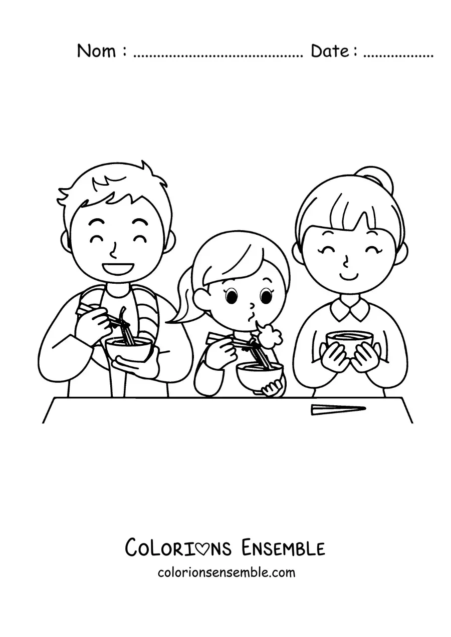 Dessin à colorier d’une famille assise à table en train de manger
