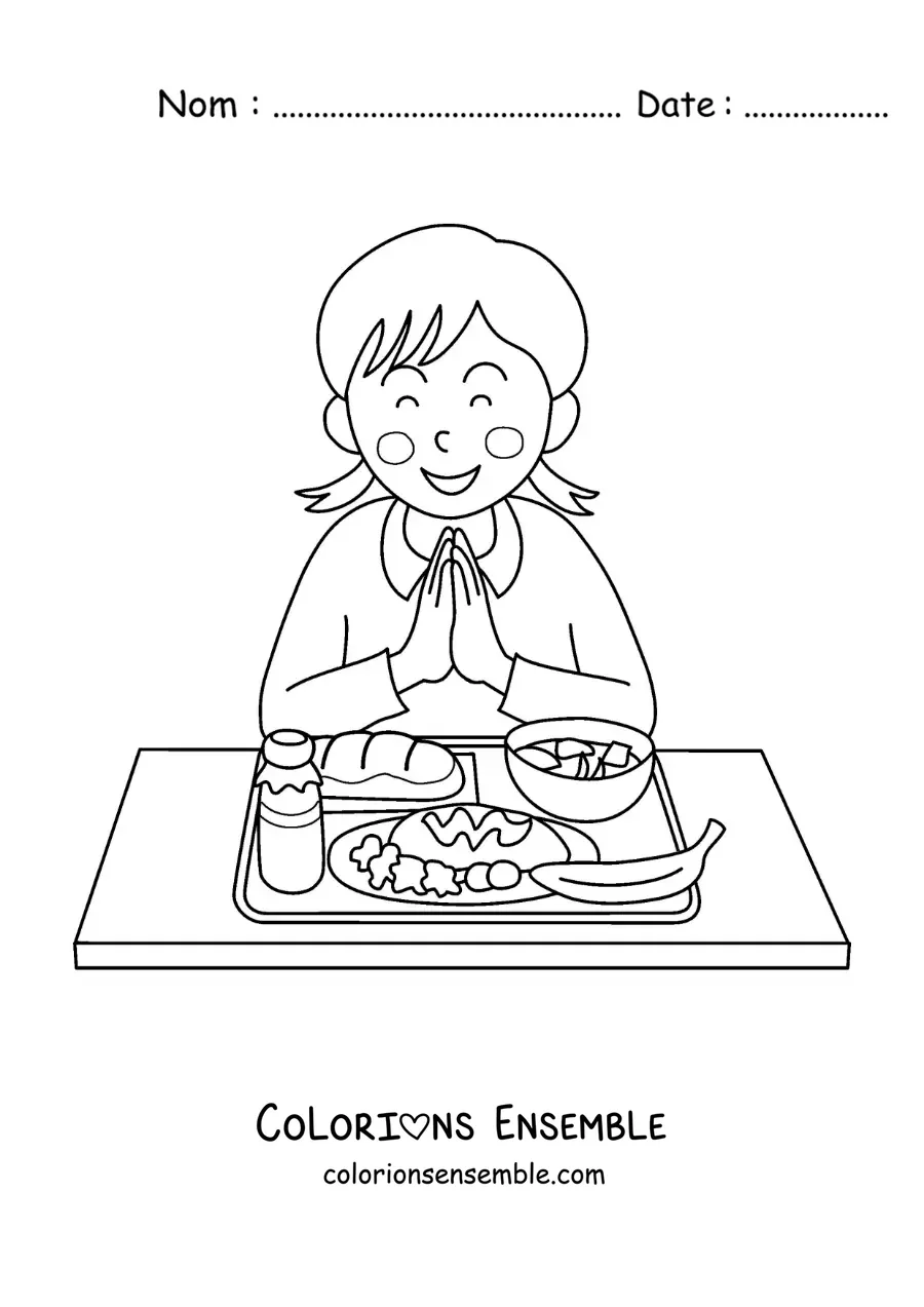 Dessin à colorier d’une fille, les mains jointes, qui remercie pour le repas de la cantine de l’école