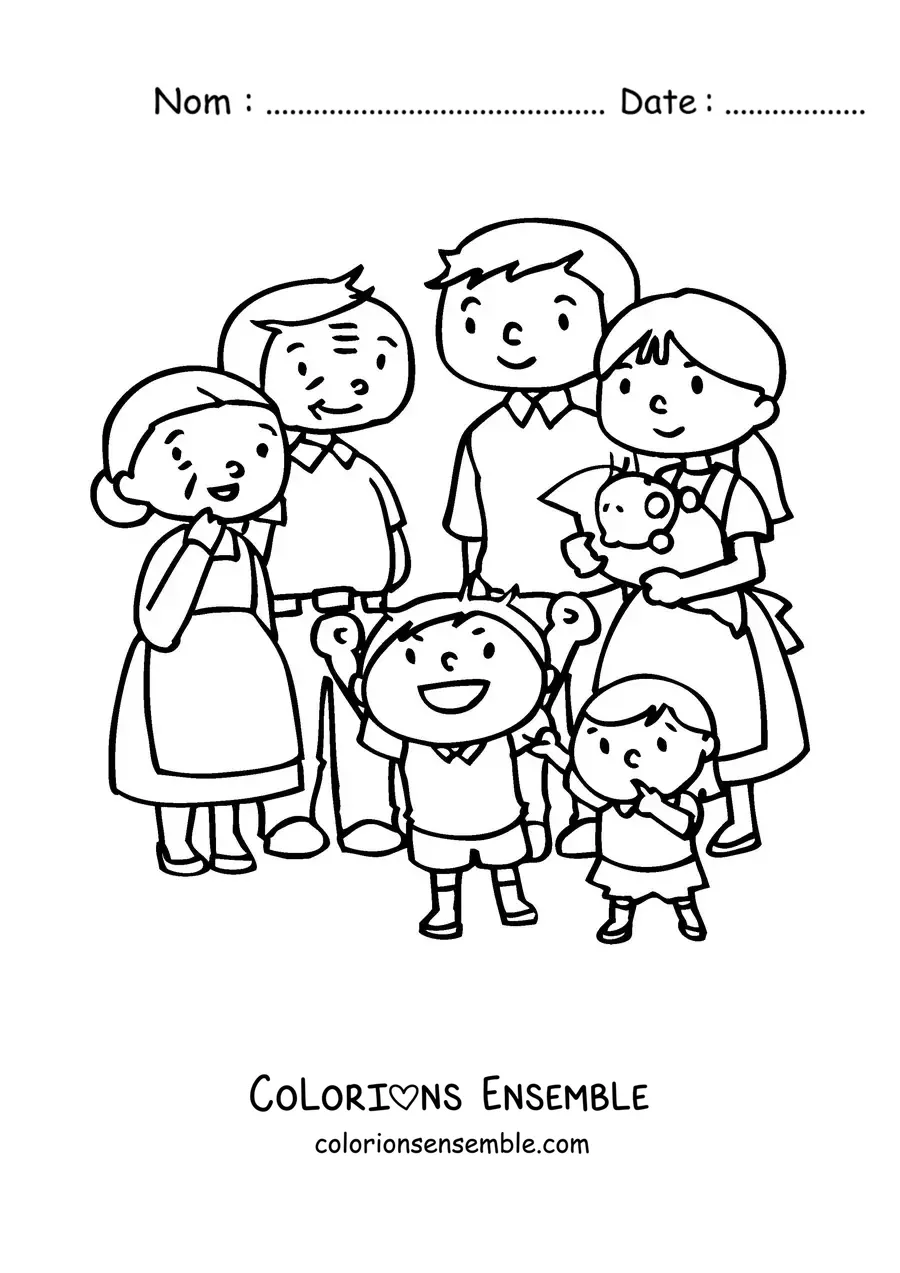 Image à colorier d'un papa, d'une maman, de deux enfants et d'un bébé qui accueillent leurs grands-parents