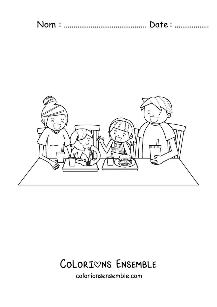 Dessin à colorier d’une famille assise à table en train de manger de la malbouffe