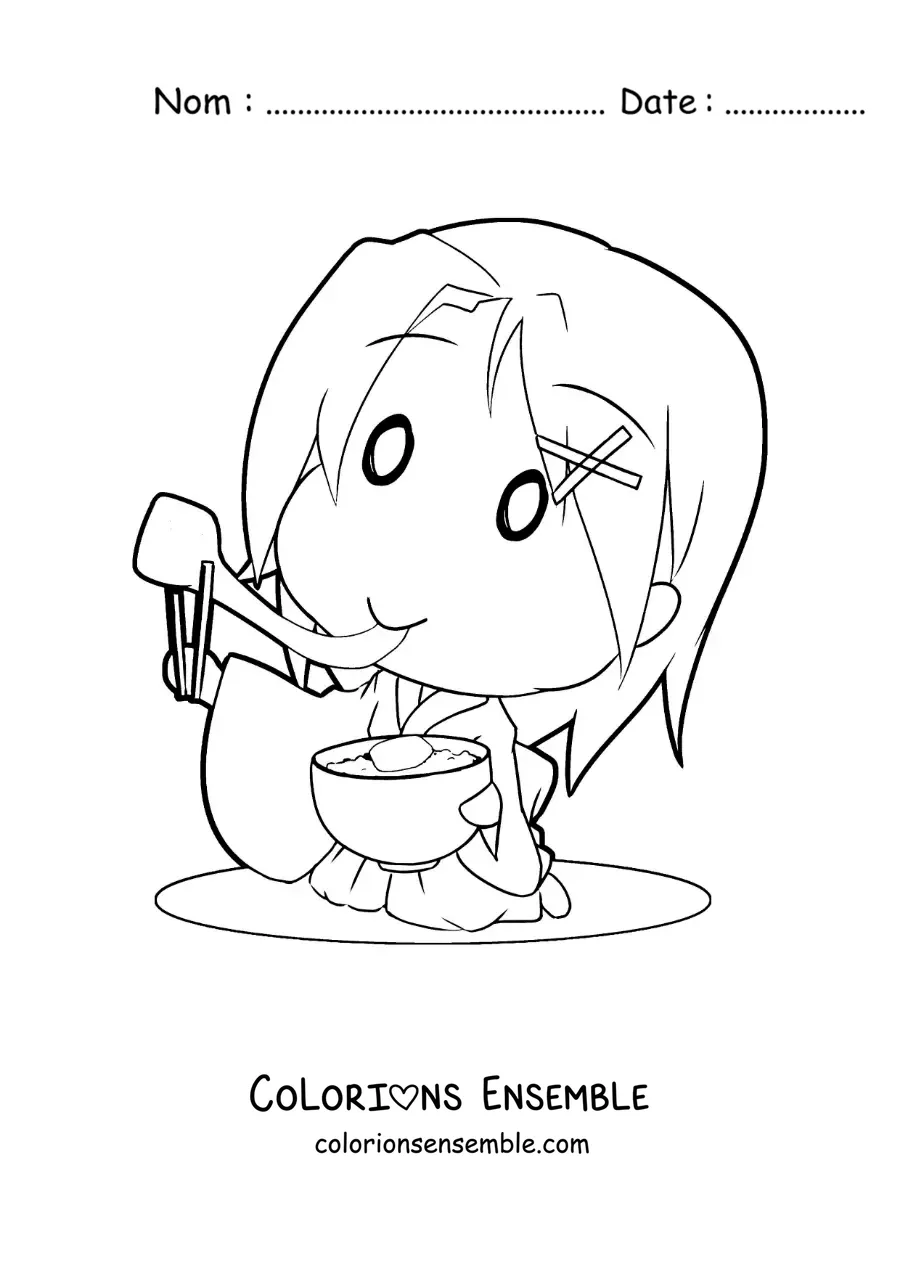 Dessin à colorier d’une petite fille japonaise en train de manger