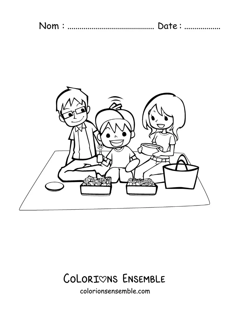 Dessin à colorier d’un petit garçon et de ses parents qui mangent lors d’un pique-nique