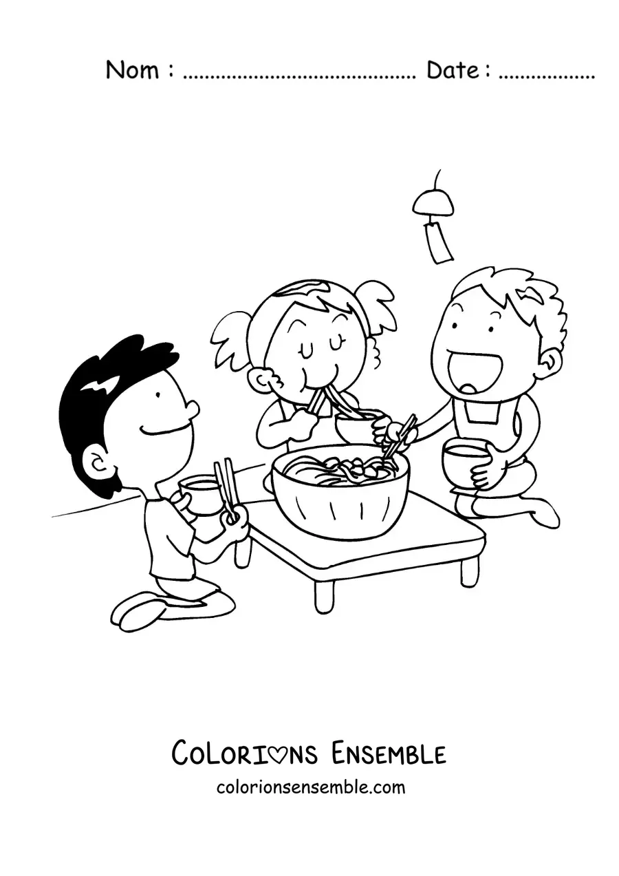 Dessin à colorier d’enfants assis en train de manger de la cuisine asiatique