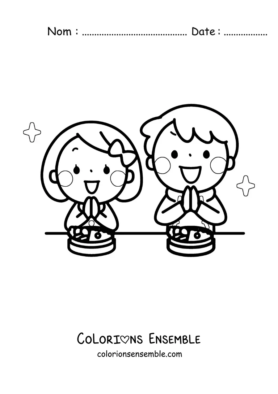 Dessin à colorier de deux enfants qui remercient pour le repas avant de manger