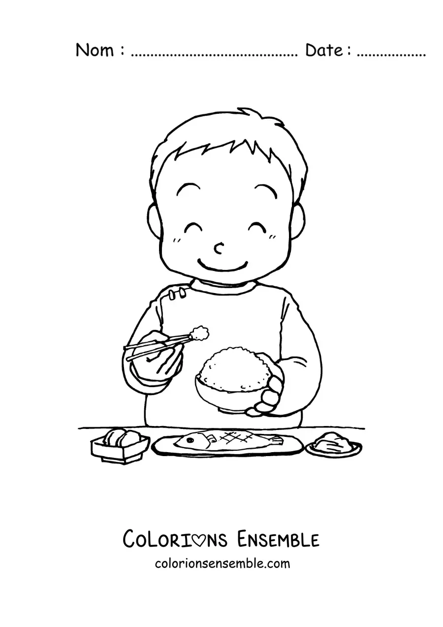 Image à colorier d'un petit garçon asiatique qui mange du riz avec des baguettes