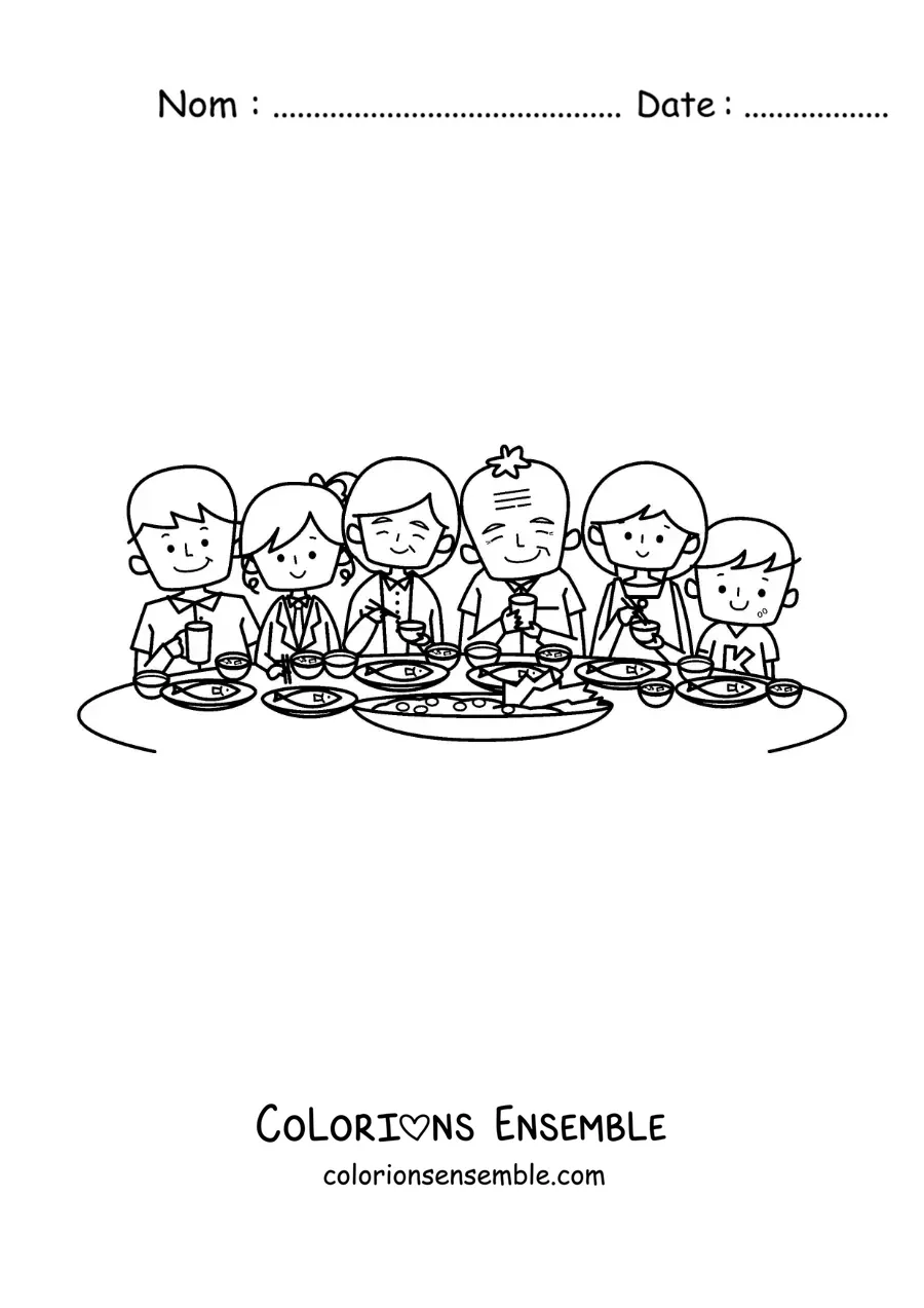 Image à colorier d'une grande famille pleine d'entrain qui mange à table