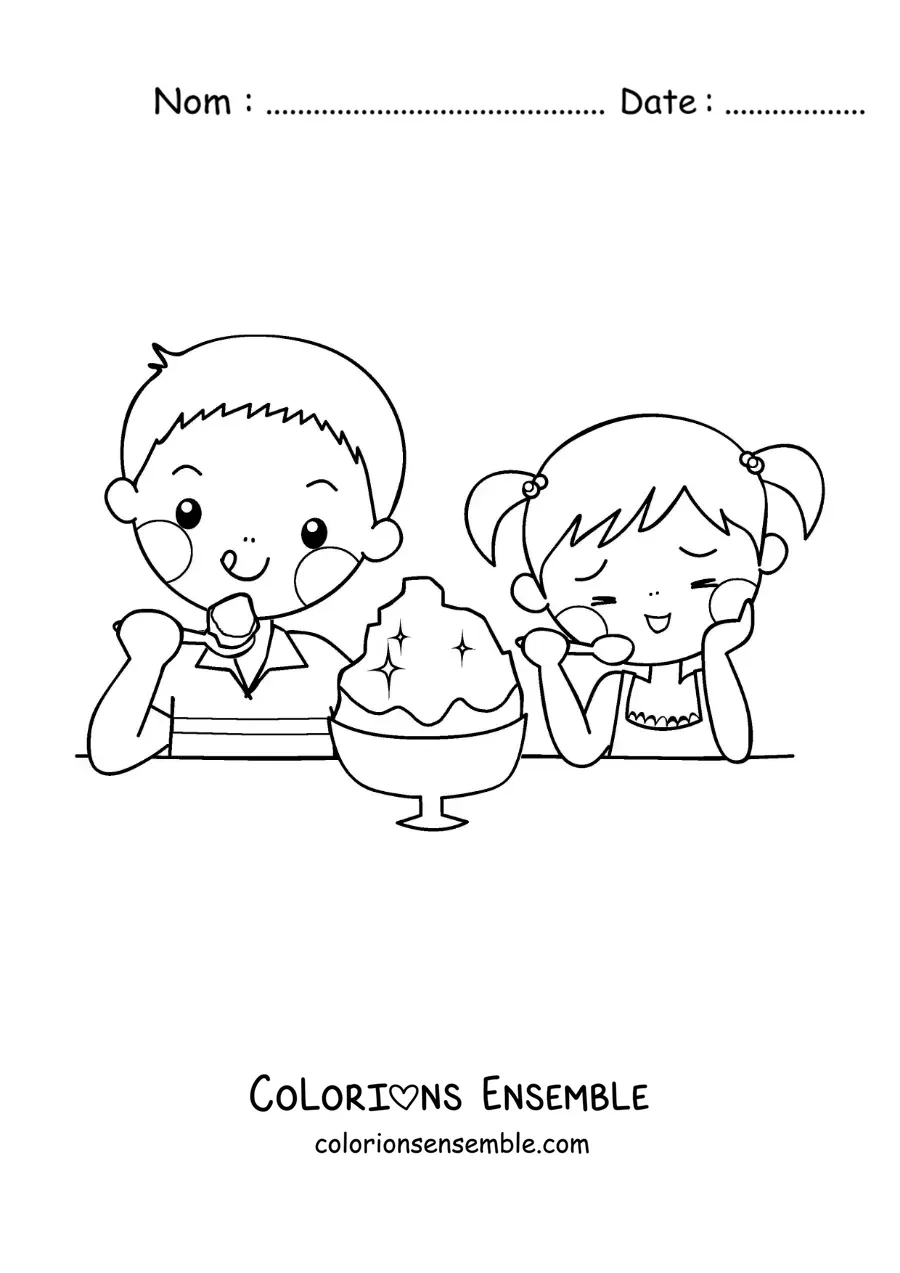Image à colorier de deux enfants kawaii qui mangent une glace