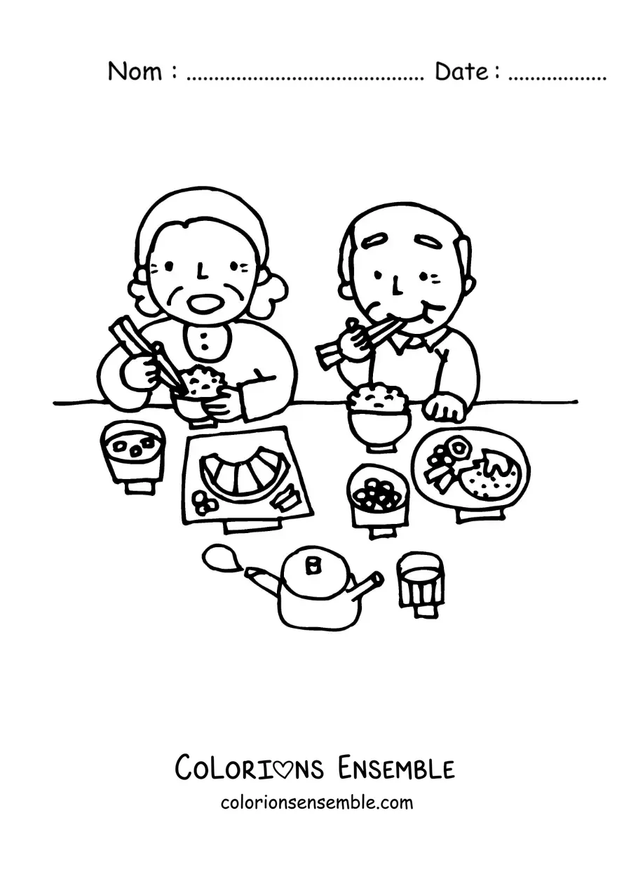 Image à colorier de deux grands-parents qui mangent ensemble à table