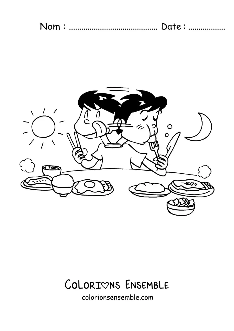 Image à colorier d'un petit garçon qui mange à table du matin au soir