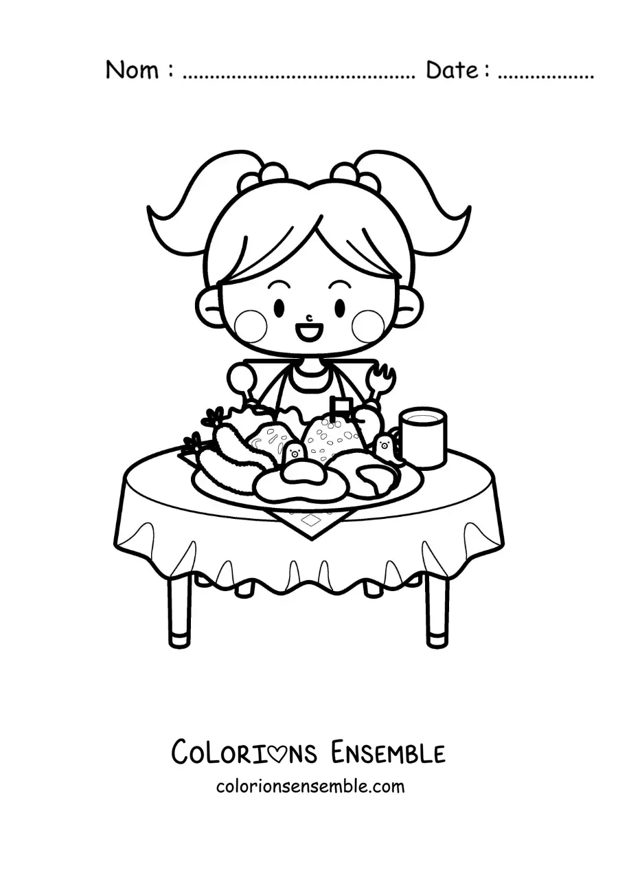 Image à colorier d'une petite fille kawaii assise à table devant une assiette pleine