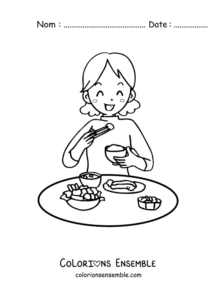 Image à colorier d'une femme qui prend son déjeuner à table