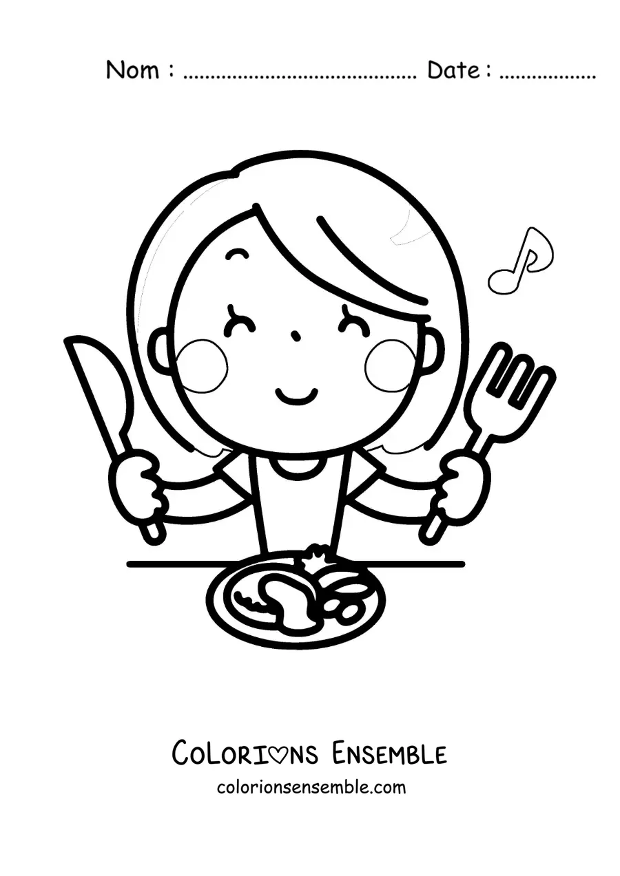 Image à colorier d'une femme kawaii qui mange à table avec des couverts