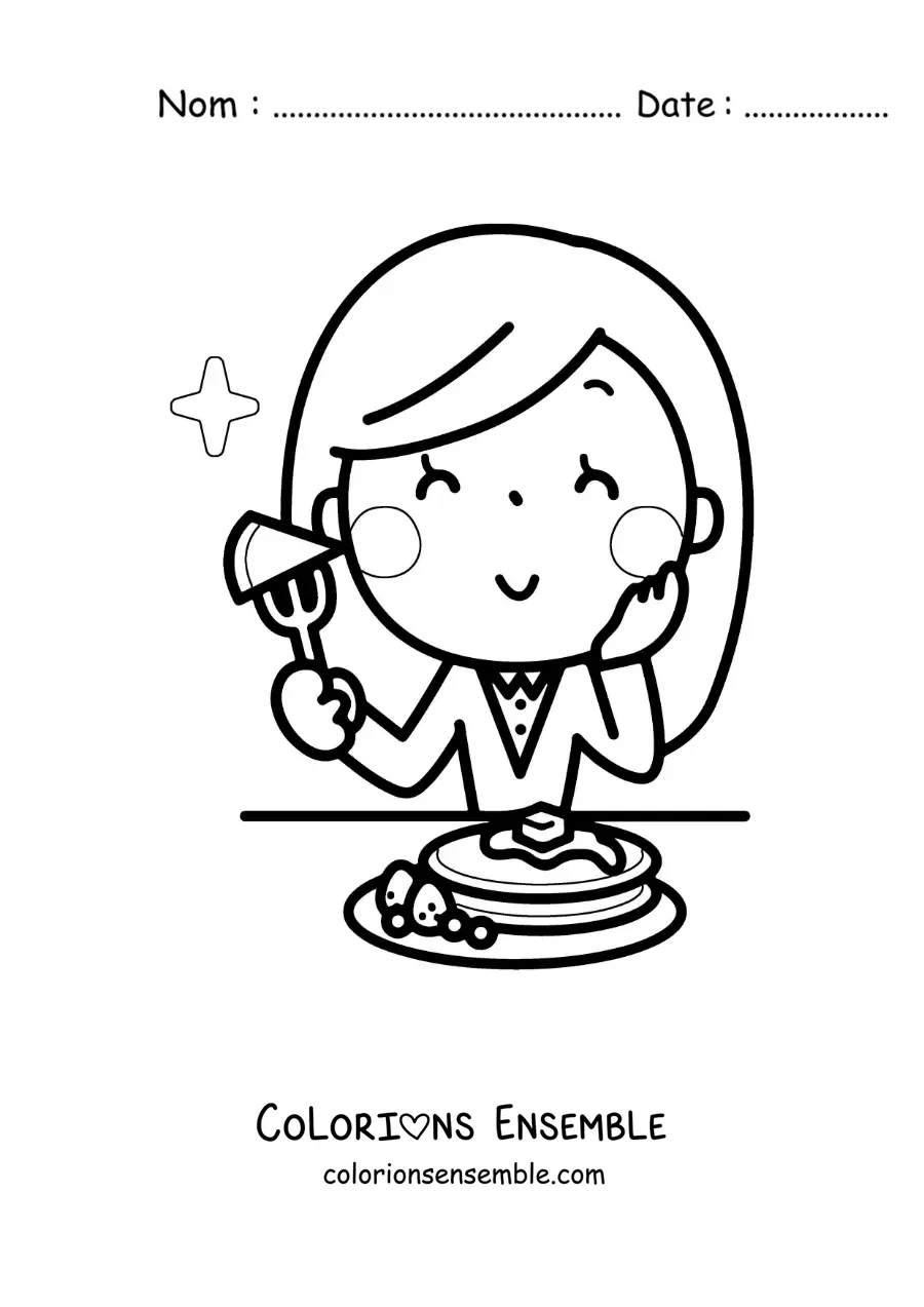 Image à colorier d'une femme kawaii qui mange des pancakes au petit déjeuner