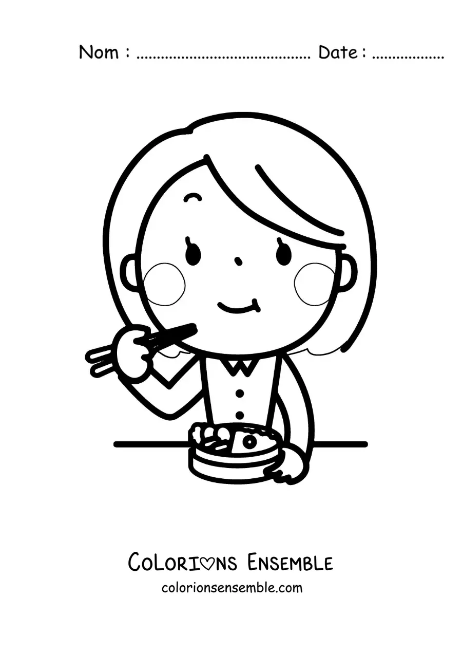 Image à colorier d'une femme kawaii qui mange avec des baguettes