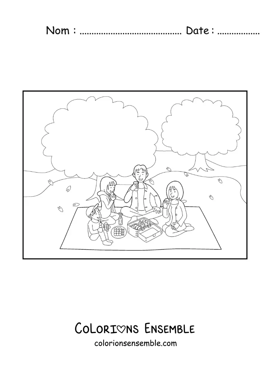 Image à colorier d'enfants et de leurs parents qui mangent en famille lors d'un pique-nique