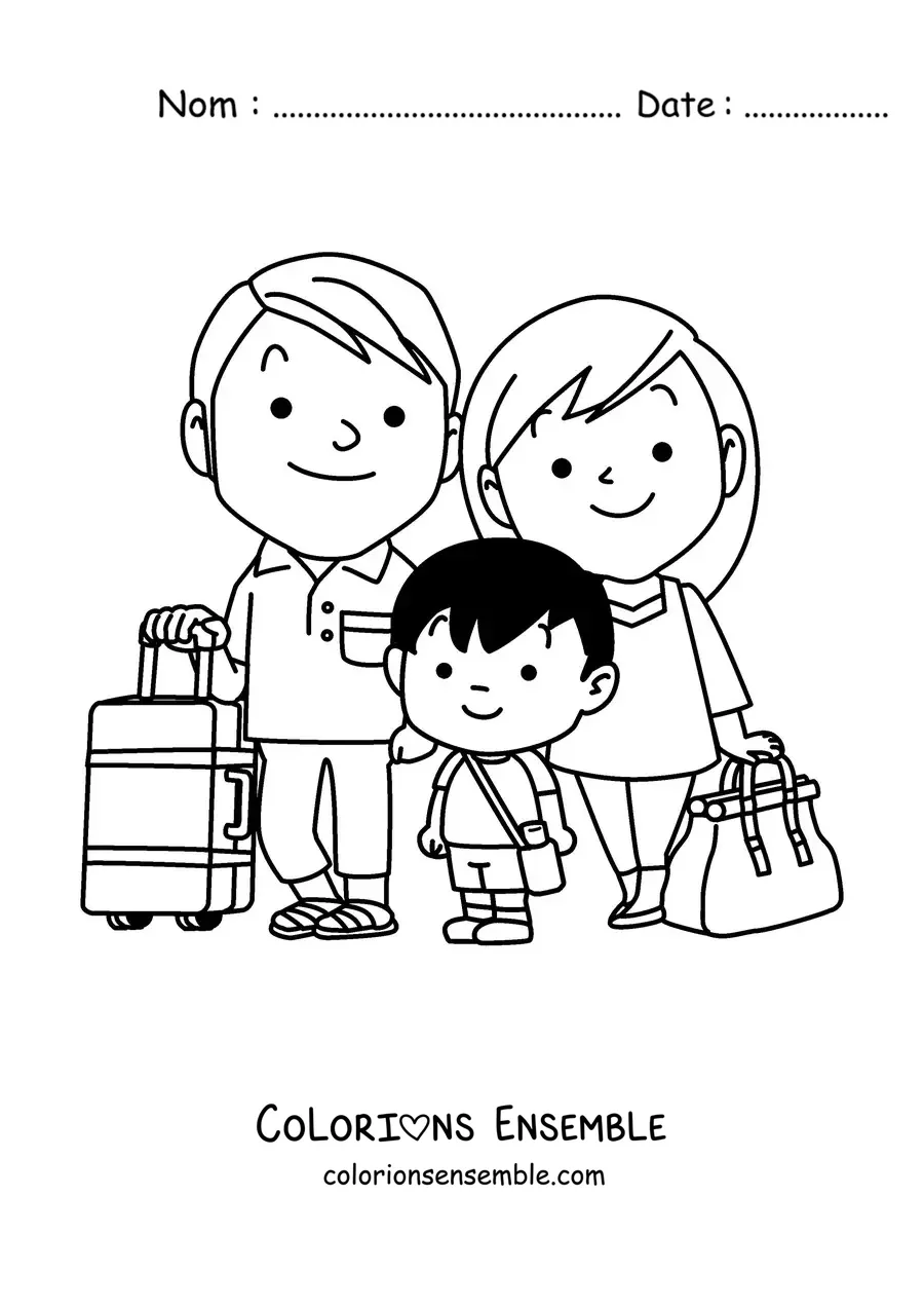 Image à colorier d'une famille avec ses bagages de voyage