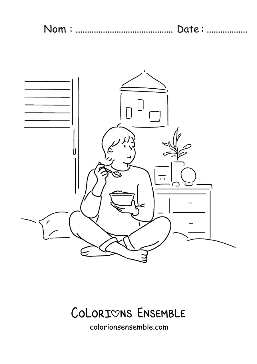 Image à colorier d'un petit garçon qui mange assis sur son lit