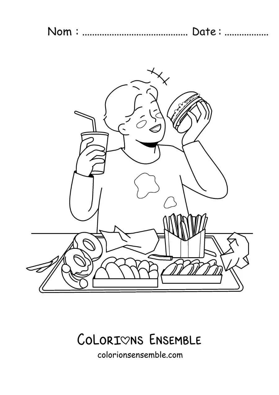 Image à colorier d'un petit garçon qui mange de la malbouffe