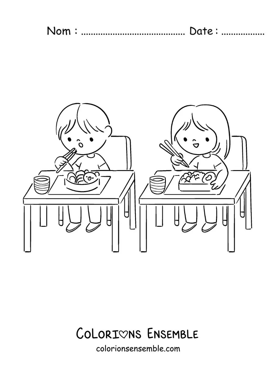 Image à colorier de deux enfants qui prennent leur déjeuner à l'école