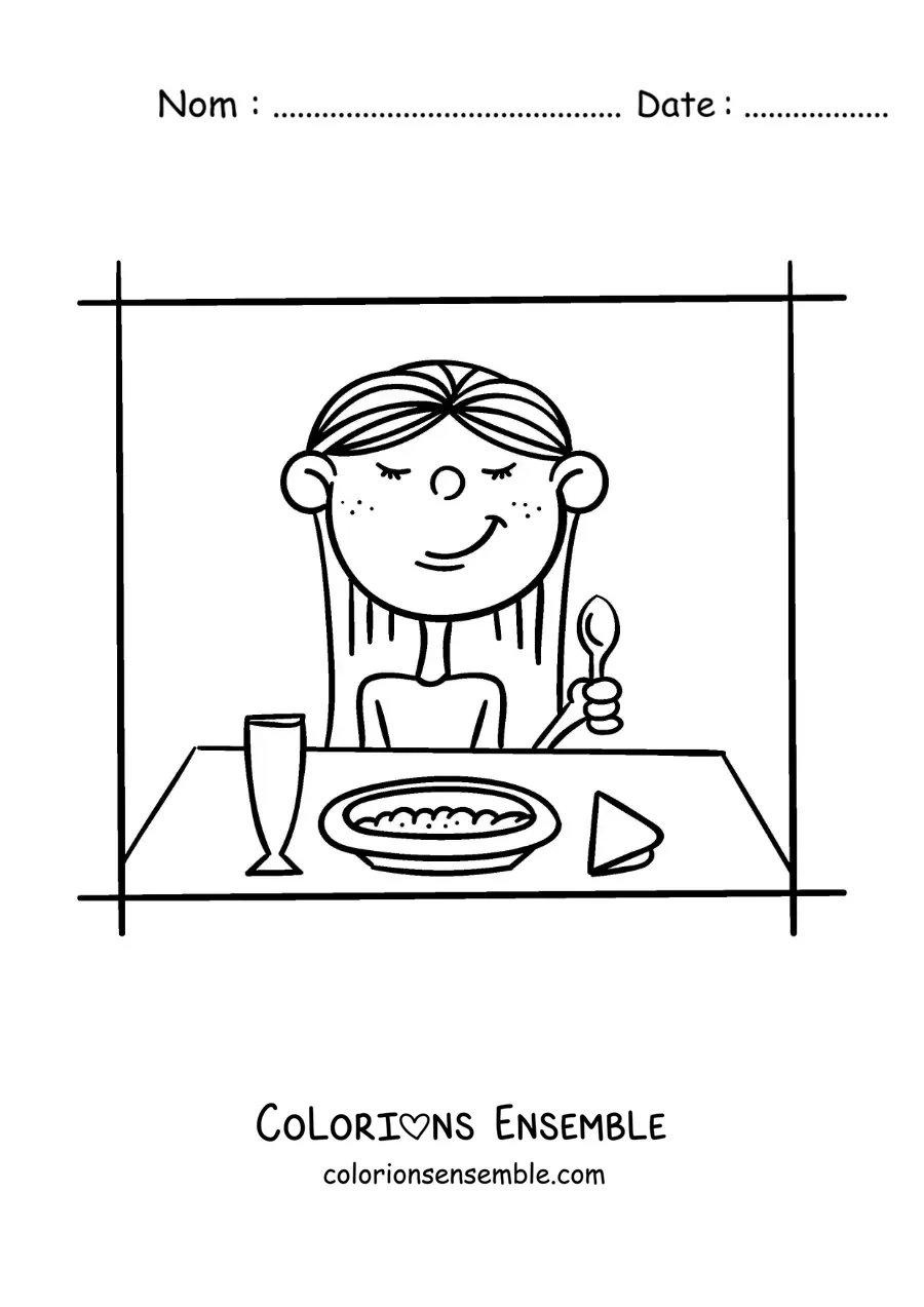 Image à colorier d'une petite fille qui prend son petit déjeuner