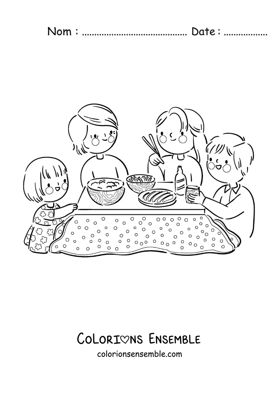 Image à colorier d'une famille qui déjeune ensemble à table