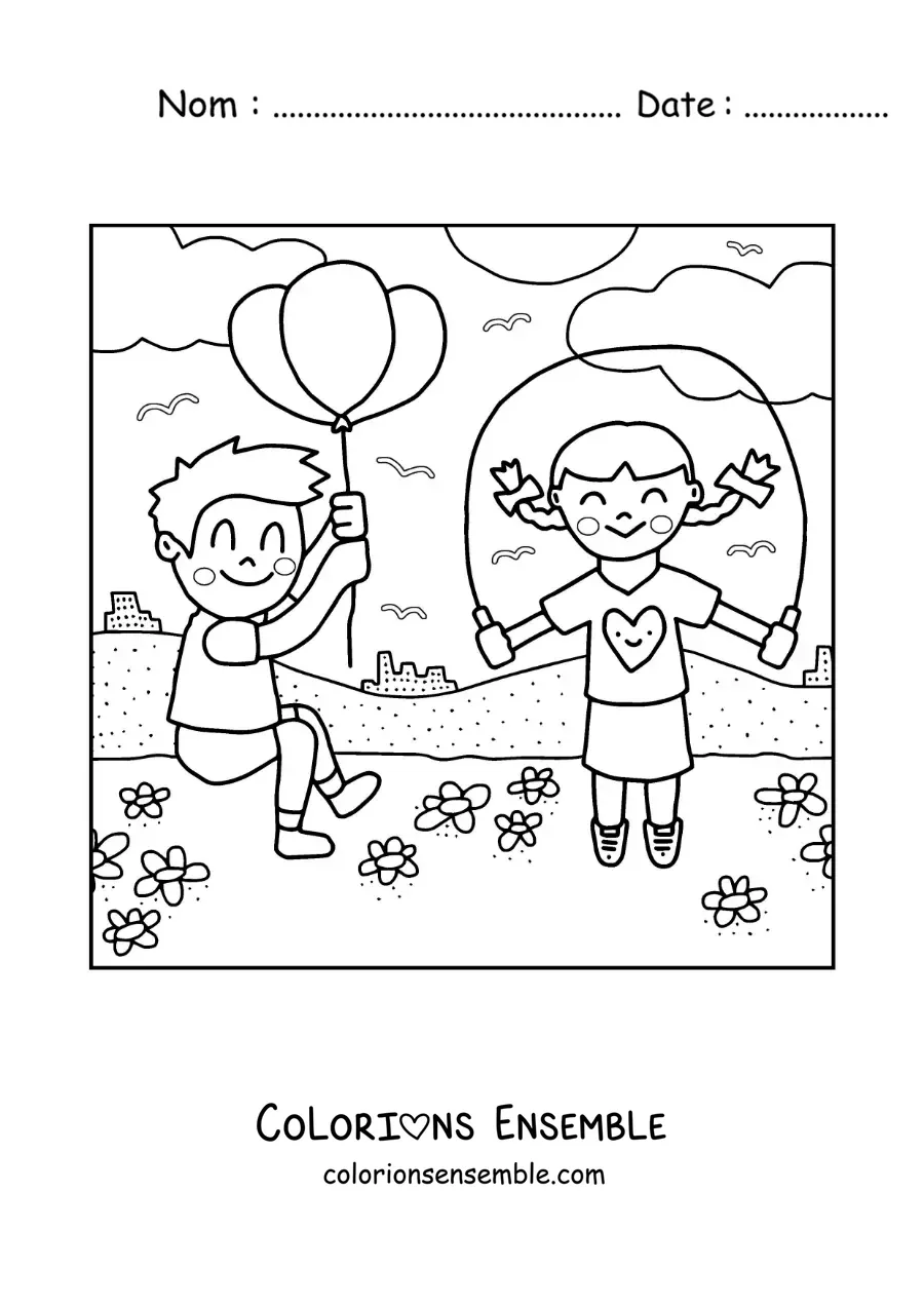 Image à colorier d'enfants qui jouent dans le parc