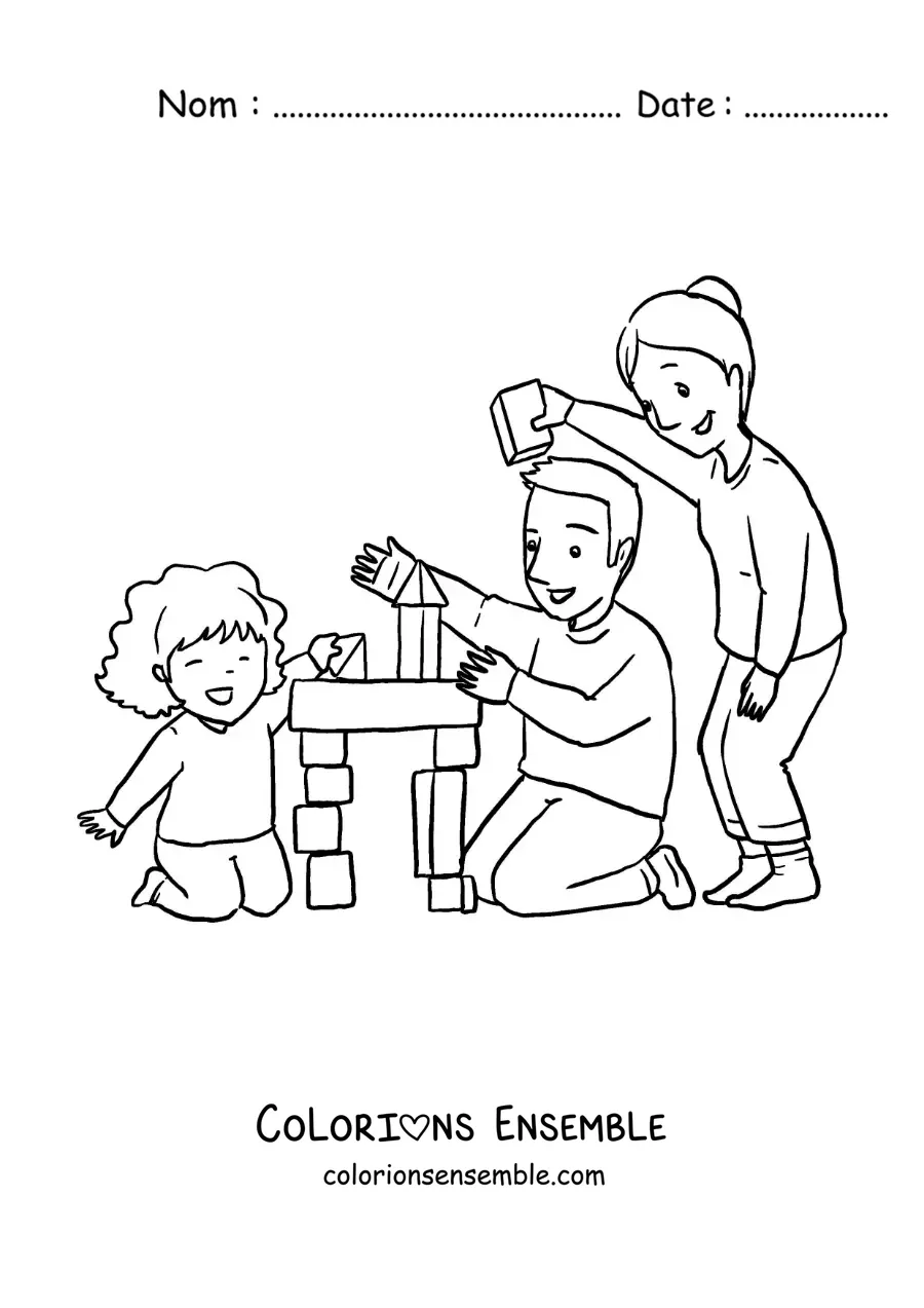 Image à colorier d'une petite fille qui joue avec ses parents