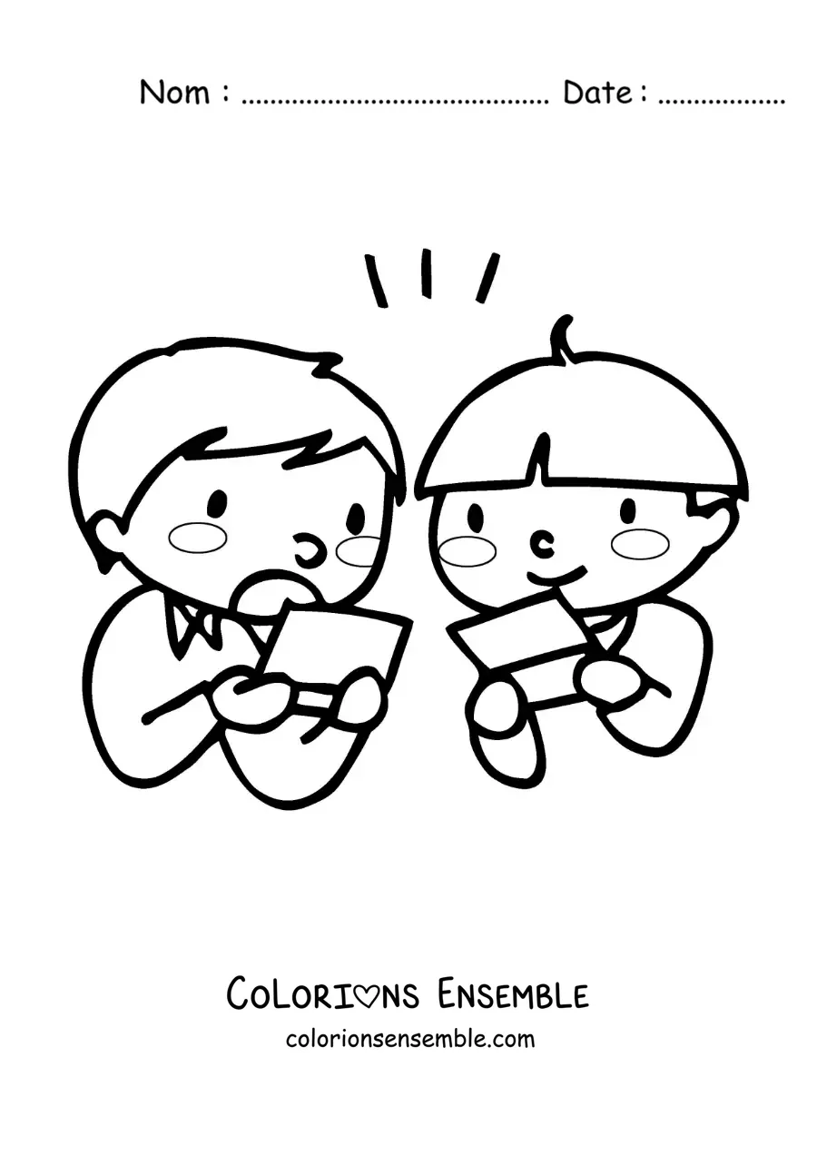Image à colorier de deux enfants qui jouent aux jeux vidéo