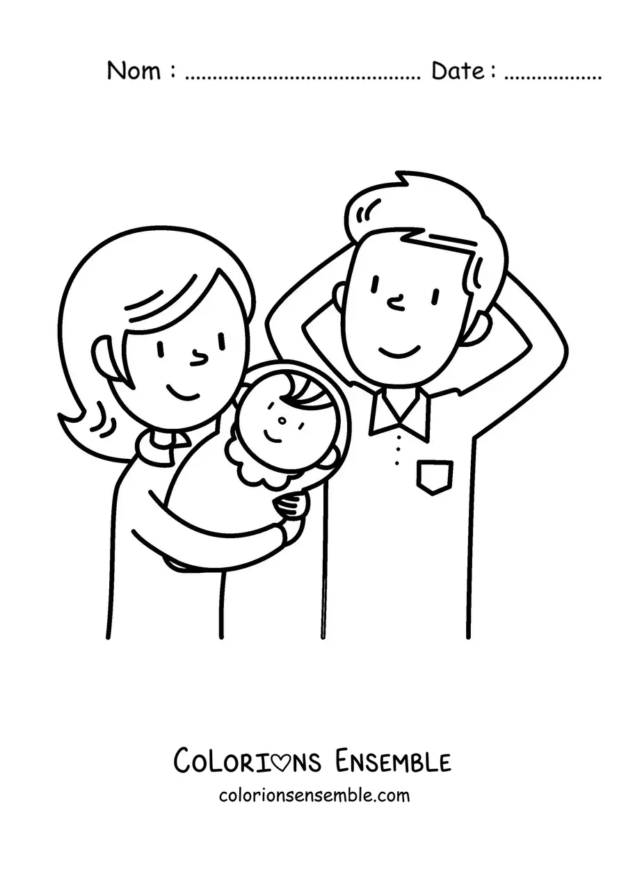 Image à colorier d'une famille avec un bébé