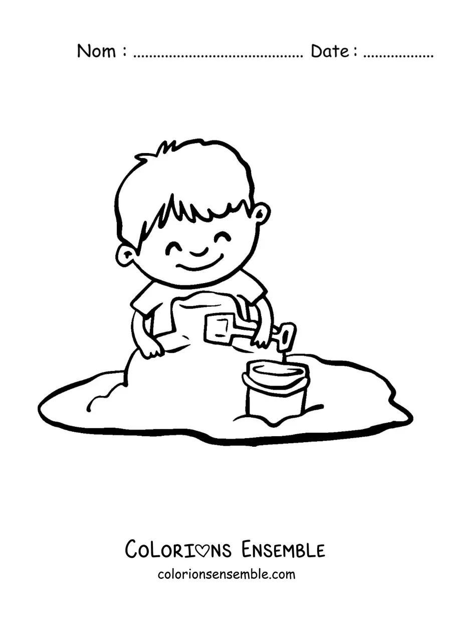 Image à colorier d'un petit garçon qui joue dans le sable