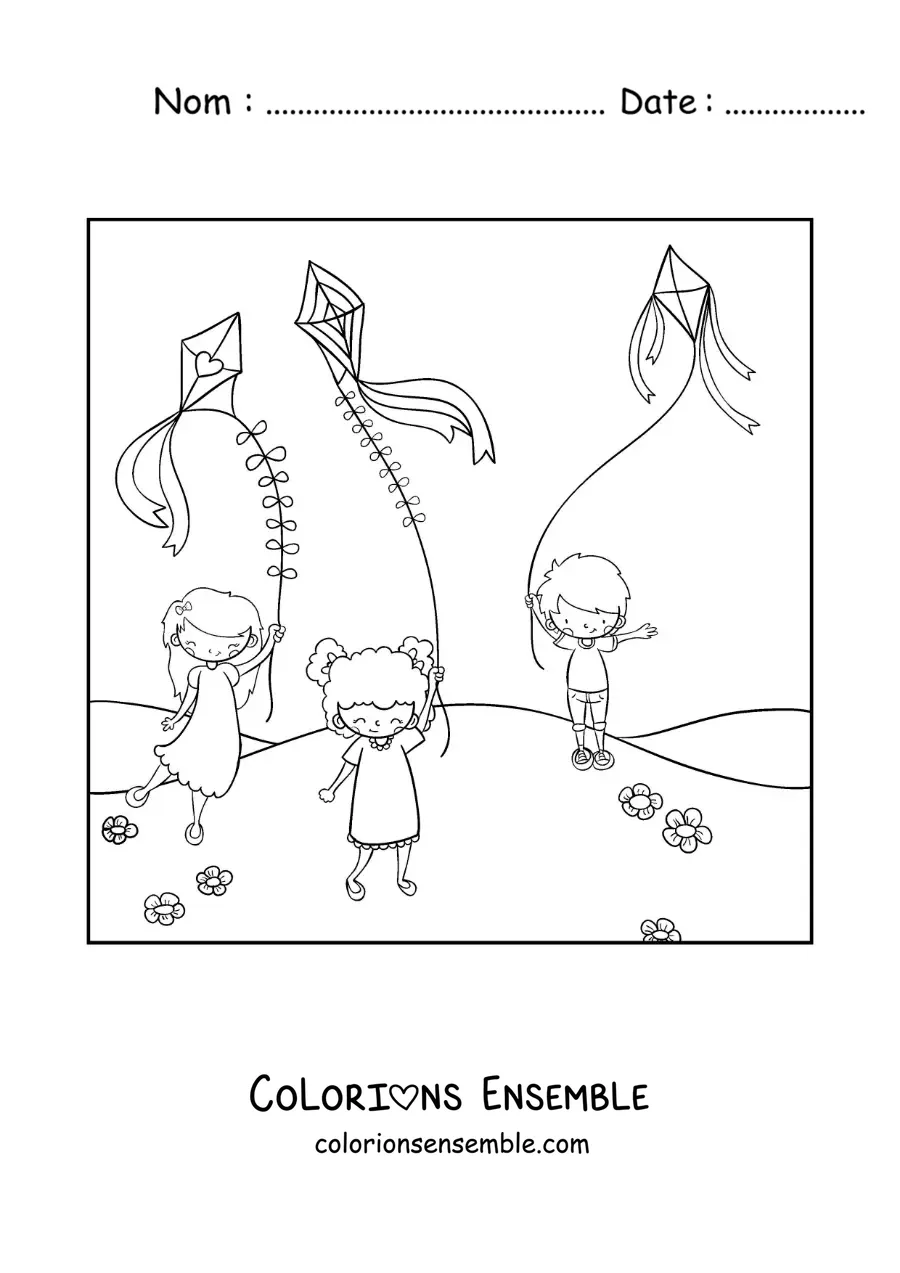 Image à colorier d'enfants qui font voler des cerfs-volants dans le parc