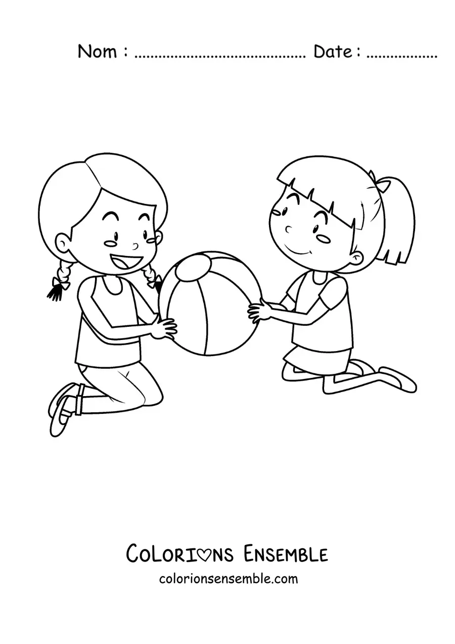 Image à colorier de deux petites filles qui jouent avec un ballon