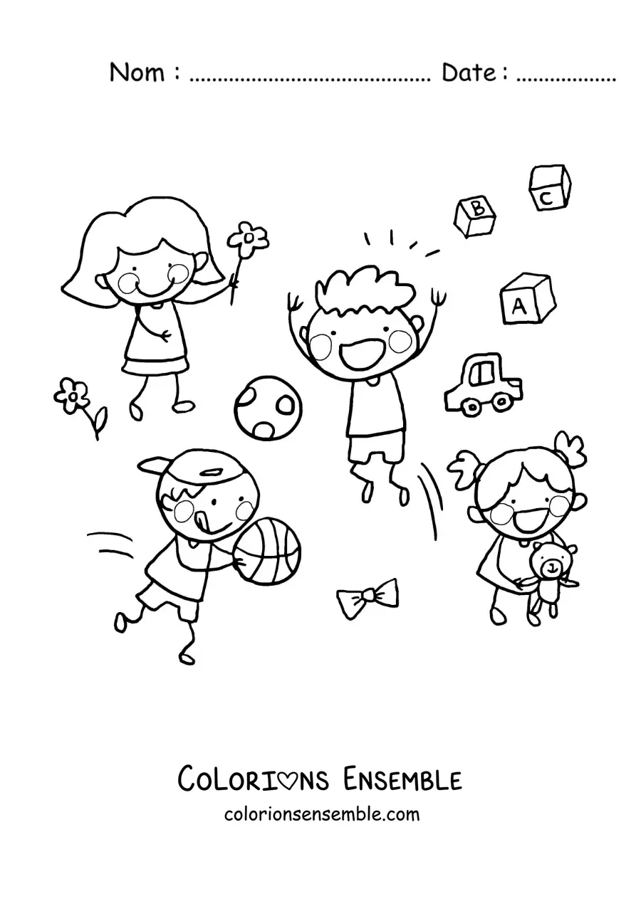 Image à colorier d'enfants avec des jouets dans le parc